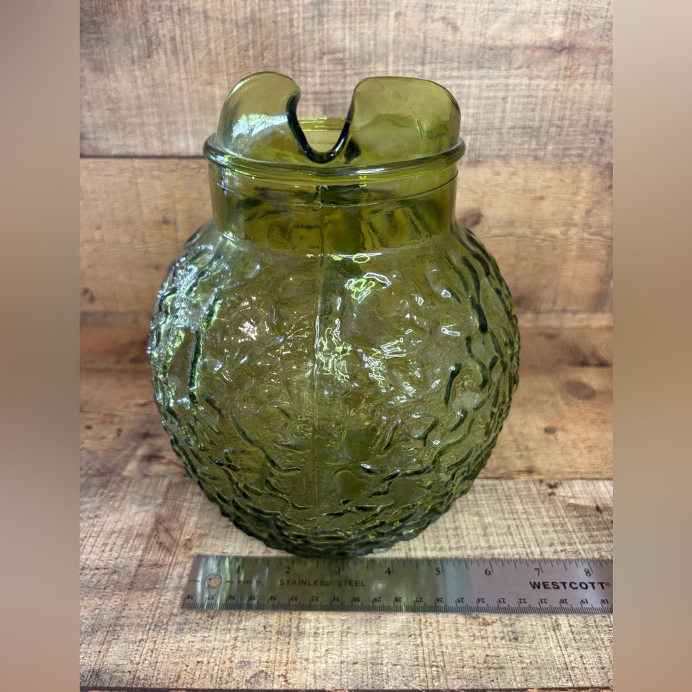 Vintage Anchor Hocking 60’s Lido Milano Crinkle Glass Ball Pitcher Avocado Green - Picture 8 of 9